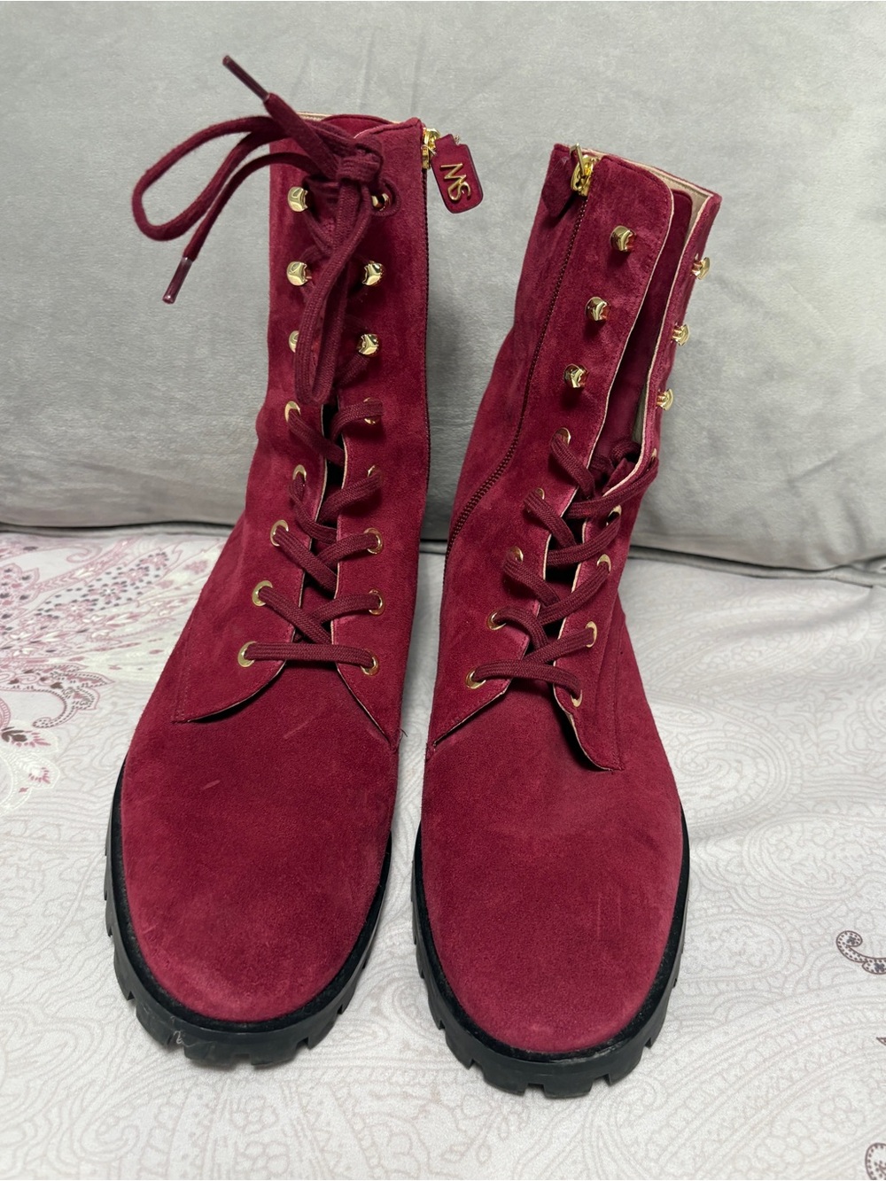 Stuart Weitzman Norrie Cranberry Suede Lace-Up Combat Boots